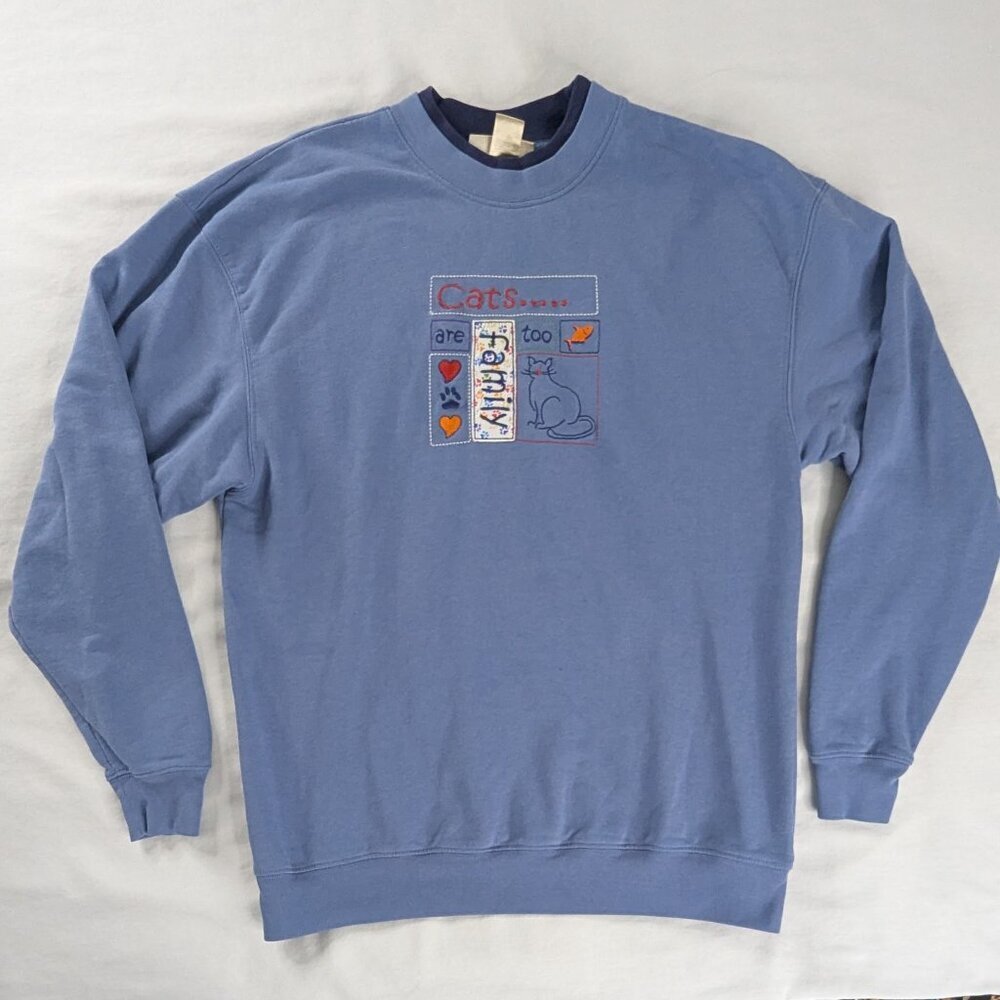 VTG Cats Are Family Too Blue Embroidered Novelty Print Sweatshirt